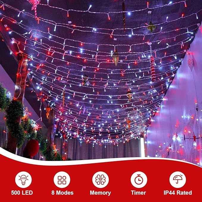 QITONG Red and White Valentine String Light Outdoor, 165ft 500 LED Clear Wire Christmas Lights Plug-in, 8 Modes Twinkle Xmas Light Indoor