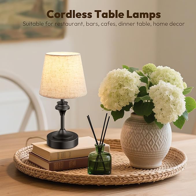 NIORSUN Portables Cordless Table Lamp Set of 2,10.2" Flaxen Fabric Shade Battery Operated Lamp,5200mAh Bedside Table Lamp with Warm White,3 Way Dimmable Touch Desk Lamp for Living Room (Black)