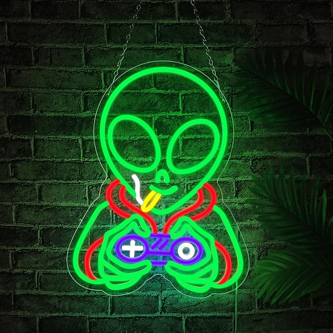 Alien Neon Signs for Wall Decor,Dimmable Alien Playing Games Led Lights Signs for Bedroom Man Cave Game Room Home Bar Party Decor,USB Powered Alien Neon Light for Boys Birthday Gifts 15.7X12.2 in