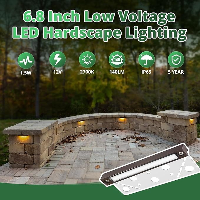 GKOLED 6.8 Inches Hardscape Lights, Low Voltage Retaining Wall Lighting with Frosted Lens, 12V AC/DC Paver Light with 1.5W 2700K LED Chips, Outdoor Landscape Step Lights, Die-cast Aluminum Housing