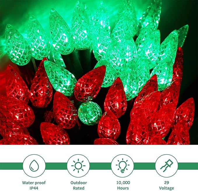 WATERGLIDE C6 Christmas Lights, 33ft 100 LED Faceted String Lights Green Wire Fairy Lights with Safe Adaptor, 8 Lighting Mode, Waterproof for Indoor Outdoor Patio Xmas Tree Party Decor, Red & Green
