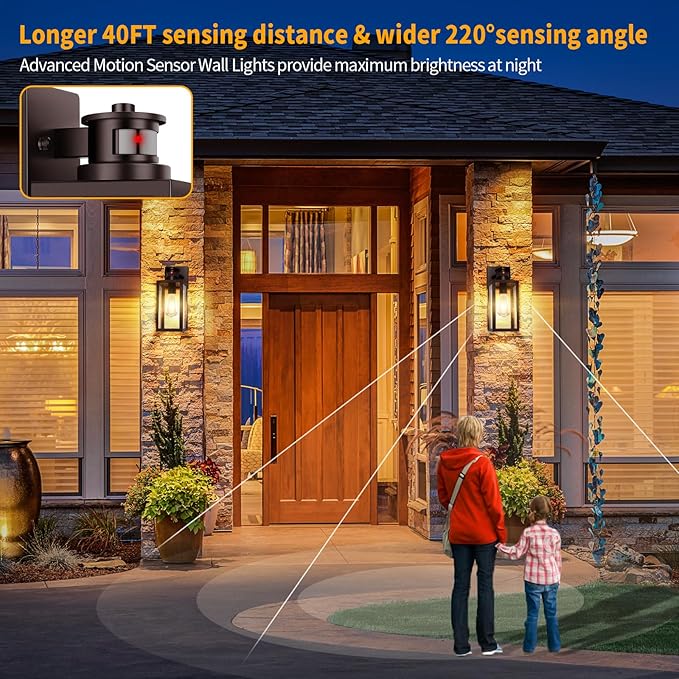 TOBUSA 2-Pack Motion Sensor Outdoor Wall Lights, Waterproof Dusk to Dawn Exterior Wall Light Fixtures, Modern Brown Outside Porch Lights for House Garage, Motion Sensor Wall Lanterns with Clear Glass