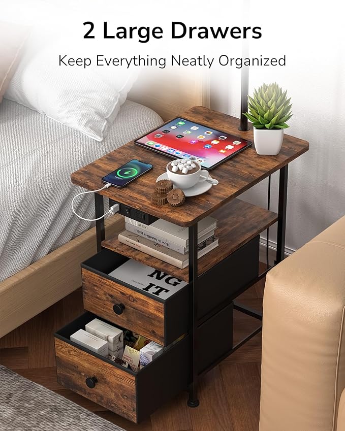 JACKYLED Floor Lamp with Table & 2 Drawers, 3-Color End Table Flood Lamp with Charging Station (USB, Type-C, AC), Vintage Side Table with Lamp for Reading, Bedroom, Living Room, Paper String Shade