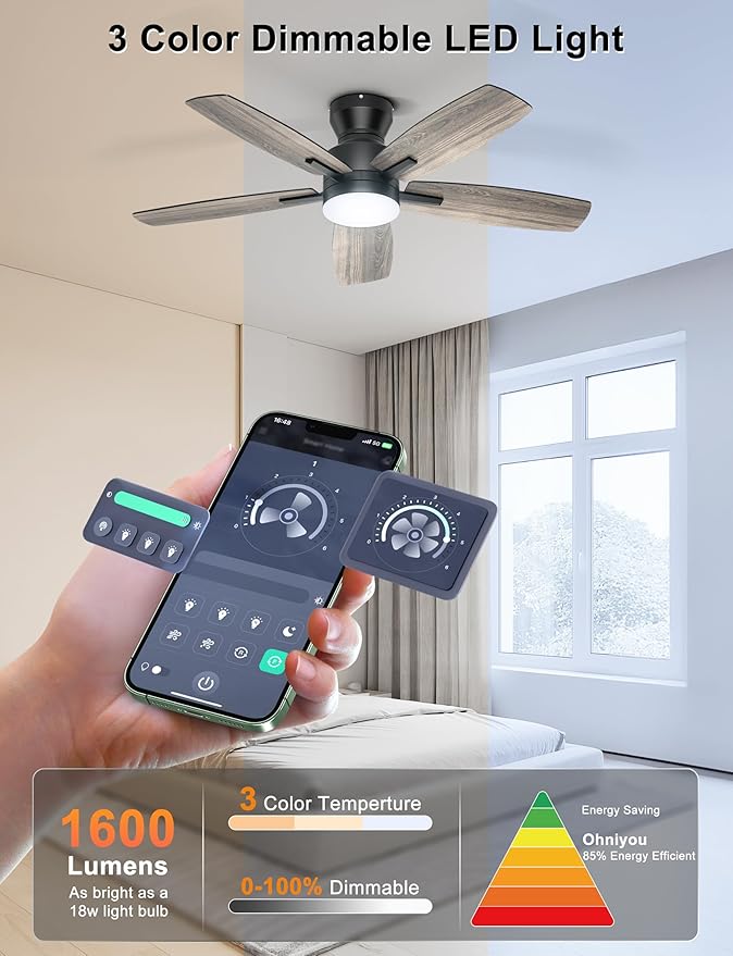 Ohniyou Ceiling Fans with Lights, 42'' Low Profile Ceiling Fan with Light and Remote/APP Control, Modern Flush Mount Ceiling Fan for Indoor Bedroom Kitchen, Dimmable, Qiuet DC Motor, Black