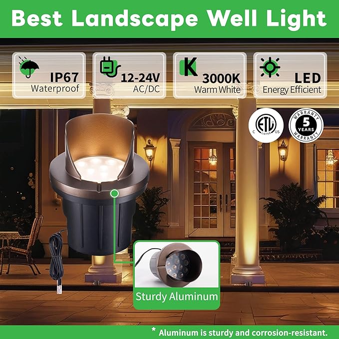 Low Voltage Ground Well Lights Outdoor, LED In-Ground Landscape Lights Warm White 3000K, 12V IP67 Waterproof Aluminum ORB Half-Side Lighting for Backyard Walls, 420LM, 8 Pack