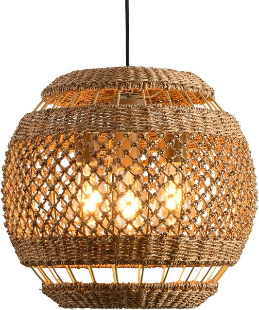 15.75" Rattan Pendant Light 3-Light Boho Seagrass Hanging Light Hand Woven Water Plants Rattan Chandelier for Dining Living Bedroom Kitchen Farmhouse