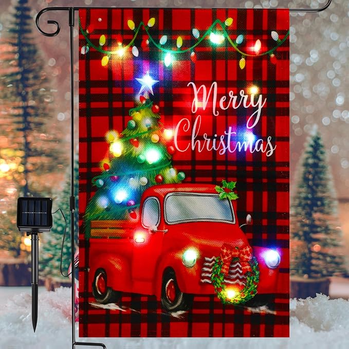 VIHOSE Merry Christmas Lighted Garden Flag 8 Modes Solar Red Truck Christmas Garden Flag LED Double Sided Xmas Tree Red and Black Checkered Yard Banner for Outdoor Lawn Decoration