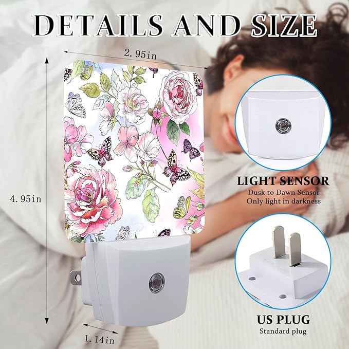 Peony Flower Night Light, Plug-into Wall Butterfly Spring Rose Wild Floral Plant Nightlight Lamp with Dusk to Dawn Sensor, Led Lamp 0.5W Energy Efficient for Boys Girls Adults Home Decor