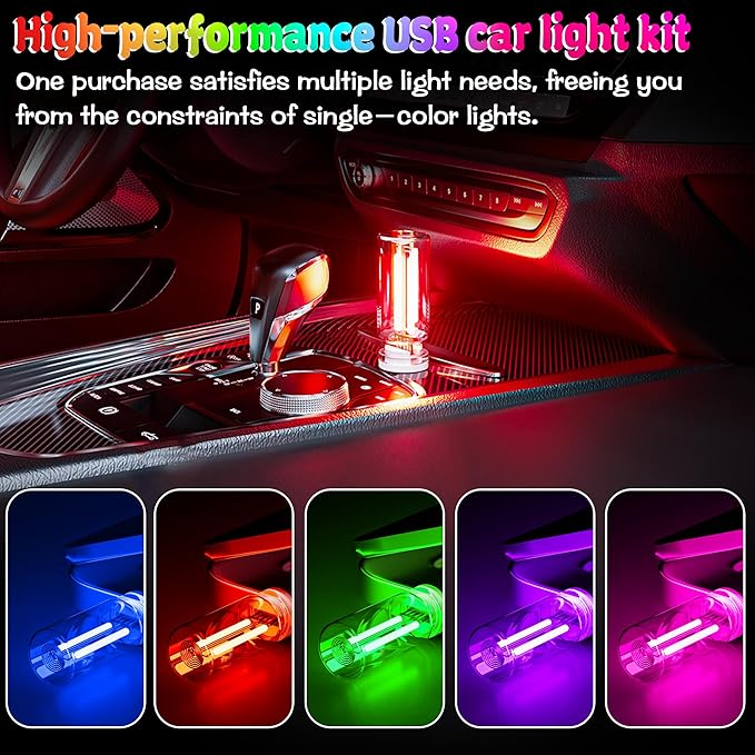 4 PCS Car USB Light Blub, Plug-in LED Ambient Lighting with Touch Dimming. The Brightness Can Be Adjusted Making It for Cars, Bedrooms, Hallways (4 Red)