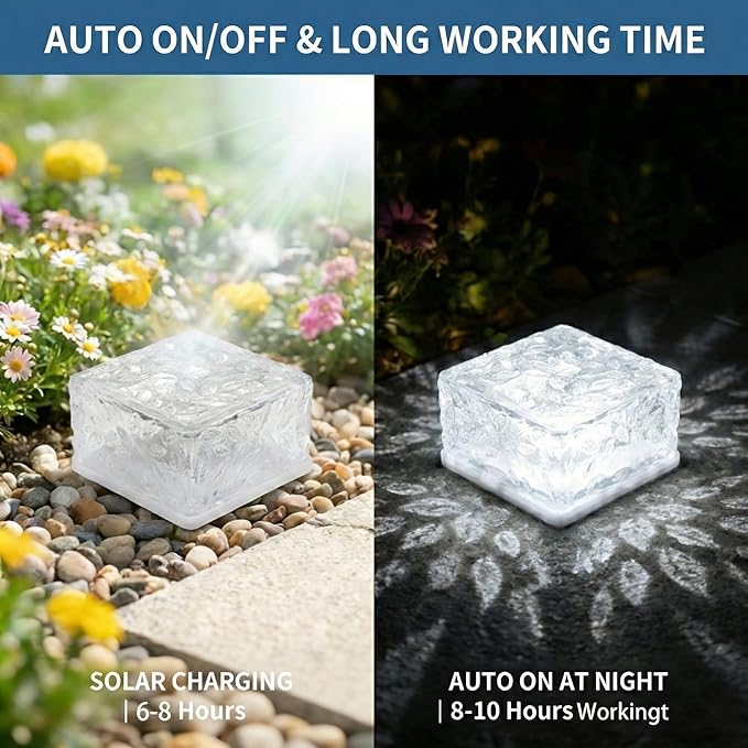 Solar Brick Lights Outdoor Waterproof - Recessed Solar Paver Lights, Ice Brick Design, No Wiring Needed,Landscape Lighting for Pathway,Garden, Patio, Yard, Driveway Decor (8, White, Square)