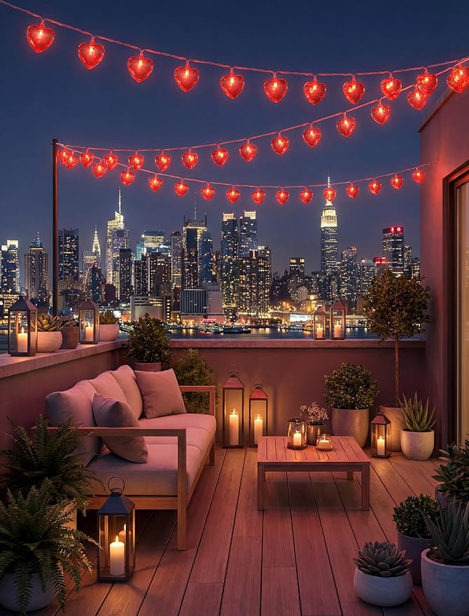 Valentine’s Day Red Heart String Lights, 12FT Plug-In Connectable Fairy Lights with 20 LED Glitter Heart Bulbs, Romantic Indoor Outdoor Decor for Wedding, Party, Window, Anniversary, Christmas
