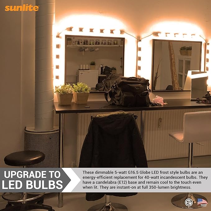 Sunlite G16.5 Light Bulb LED, 5W (40W Equiv.), 350 Lumens, Dimmable, Type G Globe Shape E12 Candelabra Base, Short Bulbs, Vanity Mirror Bulbs, 2700K Soft White, Frosted, 6 Count