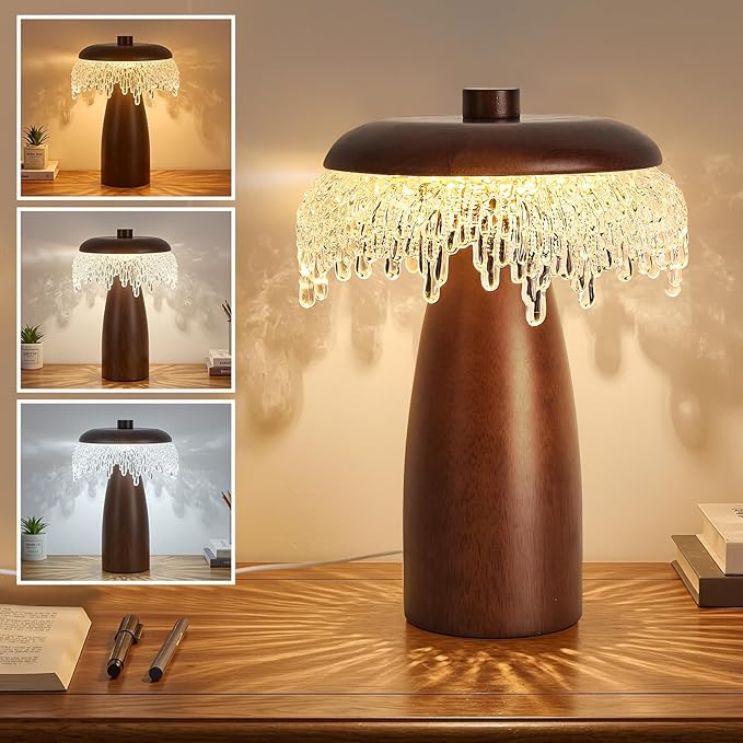 Wood LED Table Lamp,3 Color Temperature Table Lamps,12W Modern Table Lamp Plug-in Bedside Lamp for Bedroom,Nightstand,Living Room