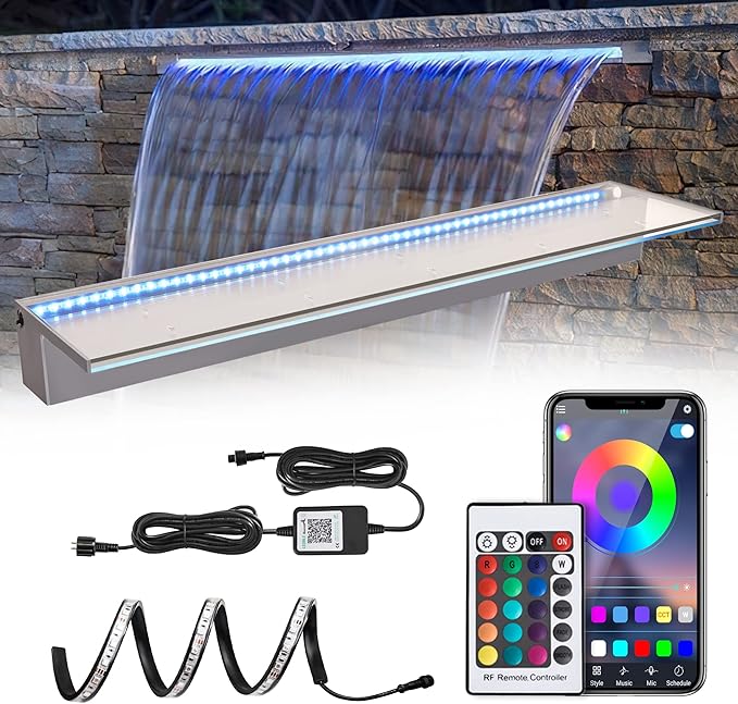 36'' APP Control Waterfall Spillway with RGB LED Lights, Acrylic Pond Fountain Set for Outdoor Decorations, Patio Pool Kit on The Wall for Garden w/16 Color Changing, Easy Installation