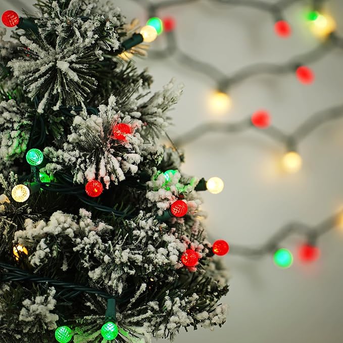 BOHON Red White and Green Christmas Lights Outdoor Faceted G15 50 LED 17ft Plug in Mini Globe String Lights Warm Waterproof Extendable Green Wire for Indoor Patio Xmas Thanksgiving Tree Decoration