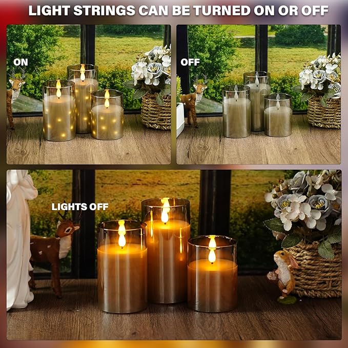 Real Wax Flameless Candles Glass,Battery Operated LED Candles with Flickering Flame,Glass Shell,Interior Star Light Decoration Set of 3 Grey (D 3"×H 4" 5" 6") for Home Decor,Holiday Decoration