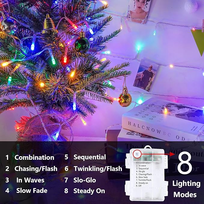 2 Pack Christmas String Lights Battery Operated with Timer, 66FT 200 LED Waterproof Twinkle Lights, 8 Modes Fairy Light for Indoor and Outdoor Bedroom Garland Tree Christmas Decorations (Multicolor)