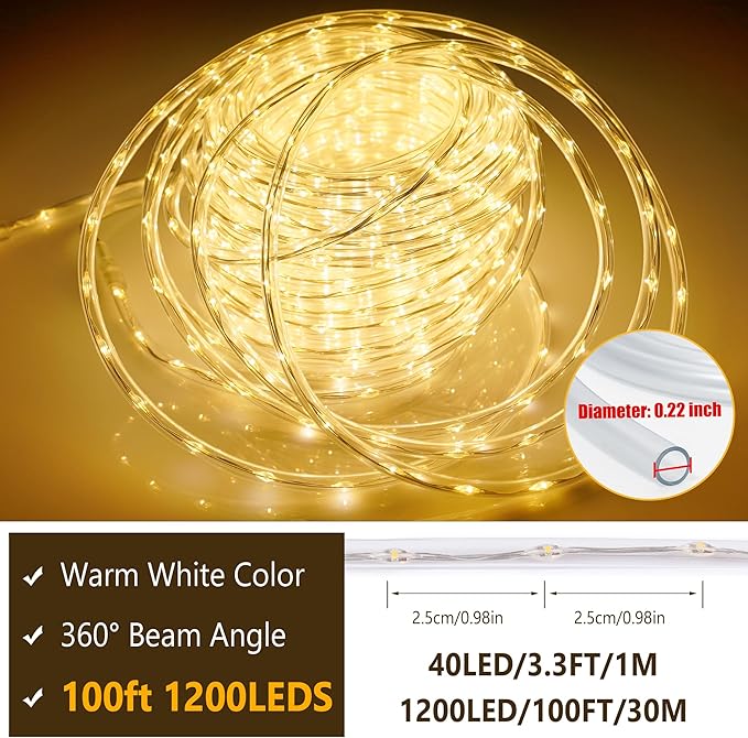 OMIKA 100ft 1200 LEDs Solar Rope Lights, USB Charging, 20 Lighting Modes, Dimmable Timer Remote Control, IP68 Waterproof for Outdoor Trees, Parties, Gardens, Weddings, Christmas Decorations