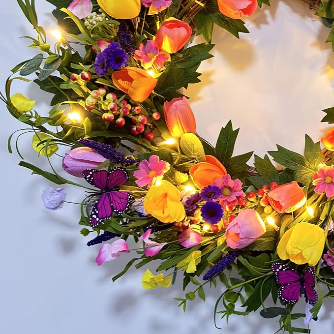 24 Inch Spring & Summer Artificial LED Tulip Wreath with LED Lights, Multicolor, for Easter, Holidays & Celebrations