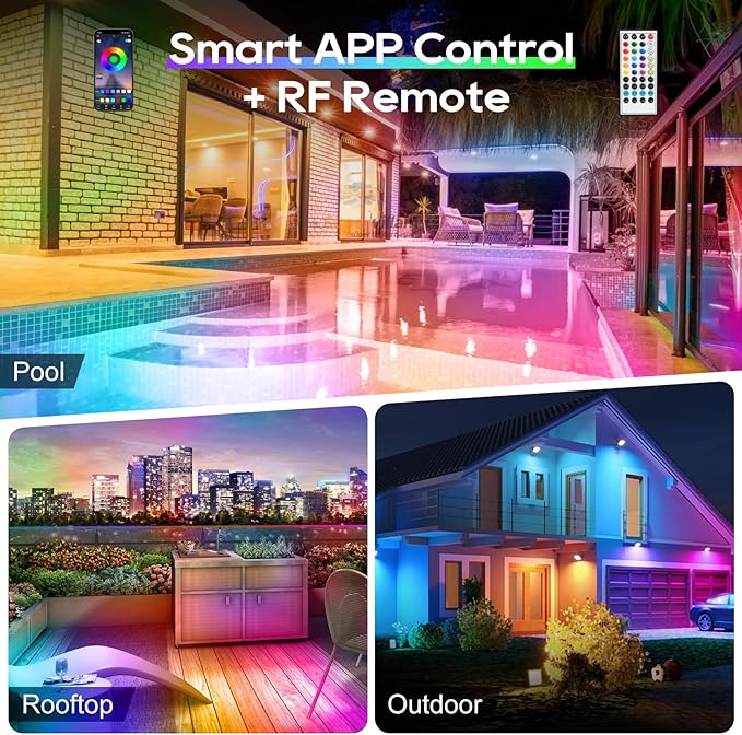 500FT Outdoor Led Strip Lights Waterproof - Music Sync RGB, IP68 Outside Led Strips with Bluetooth App & Remote Control, RGB Exterior Led Lights for Deck,Courtyards,Balcony,Roof,Garden,Pool