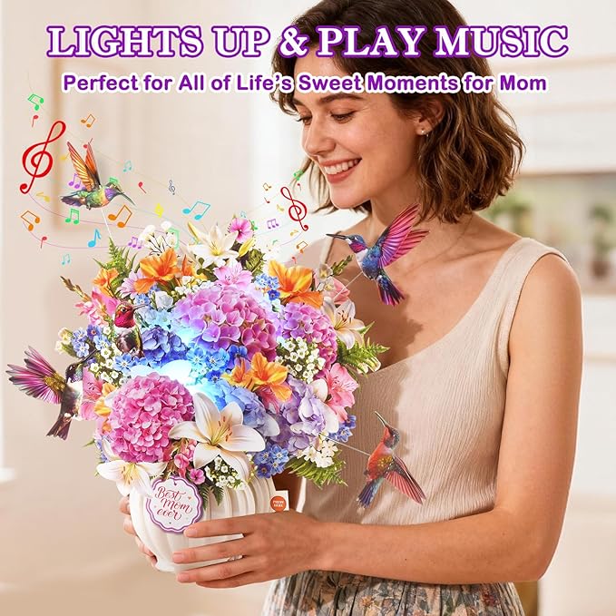 Pop Up Mothers Day Card with Music & Lights, 3D Pull-Out Flying Hummingbird Flower Bouquet Greeting Card, Elegant Floral Mom Keepsake Gift with Envelope for Mother Wife from Son Daughter Husband