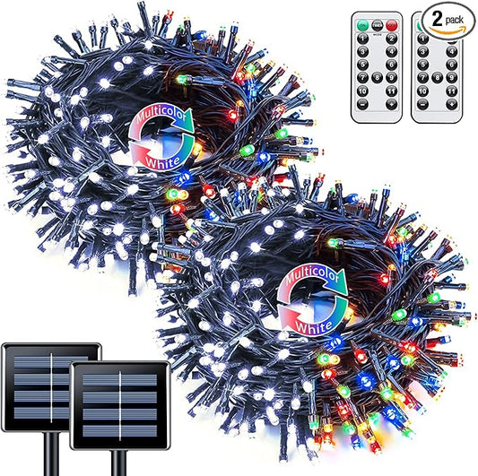 JMEXSUSS 2 Pack Solar String Lights Outdoor Waterproof, Total 66 FT 200 LED Solar Christmas Lights Outdoor, Twinkle Light for Christmas Tree Outside Garden Yard Xmas Decor, White to Multicolor