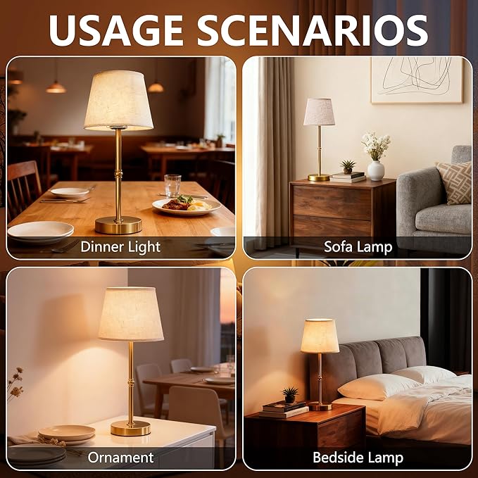 Cordless LED Table Lamp, 6000mAh Rechargeable Battery Operated Desk Lamp, 3-Level Dimming Metal Portable Nightlight for Restaurant, Bedroom, Bar, Patio, Gold