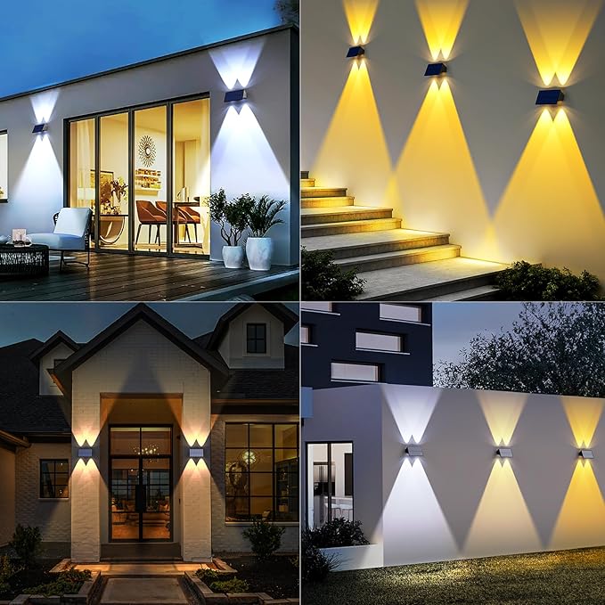 Solar Fence Lights,6Pack Solar Lights Outdoor Warm White & Natural Light & Cool White Up & Down Solar Wall Lights Waterproof 100 Lumens Fence Light forBackyard/Pool/Railing/Patio/Porch/Step
