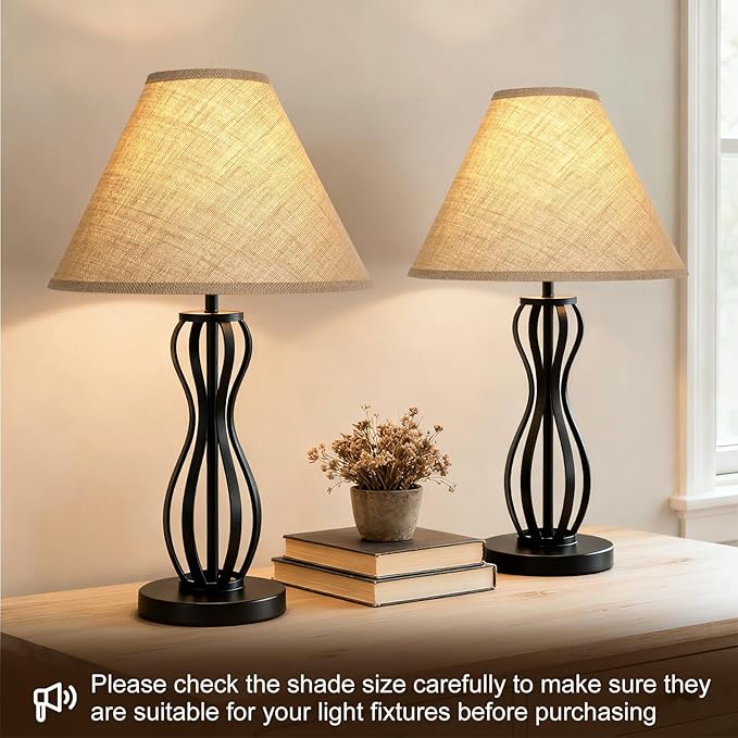 Burlap Empire Lamp Shades Set of 2, 6" Top x 16" Bottom x 10.8" High, Brown Lamp Shades for Table Lamps Floor Lamps, Natural Linen Lampshades Replacement, Spider, Harp Holders Included, Easy Assembly