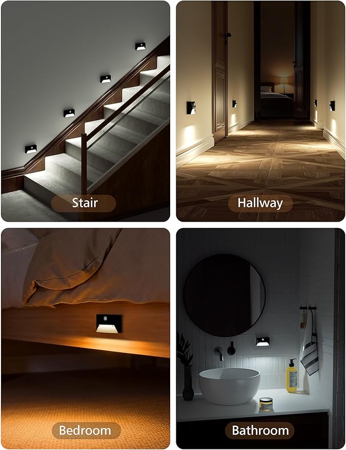 NIORSUN Motion Sensor Night Light, Rechargeable Stair Lights Indoor, 3 Colors and Motion Modes Battery Night Light with Light Sensor for Stairway, Hallway, Bathroom, Kitchen, Bedroom Black 8 Pack