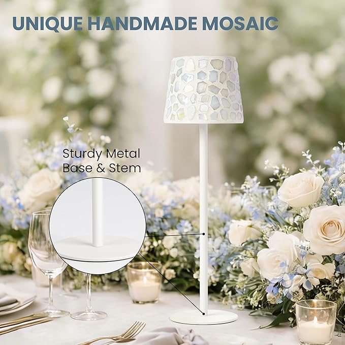 AELS Mosaic Rechargeable Lamps Cordless White Lamps Set of 2, 5200mAh Handmade Portable LED Touch Table Lamps, 3 Color Stepless Dimming Battery Powered Lamp, Wireless Lamp for Wedding Bedroom