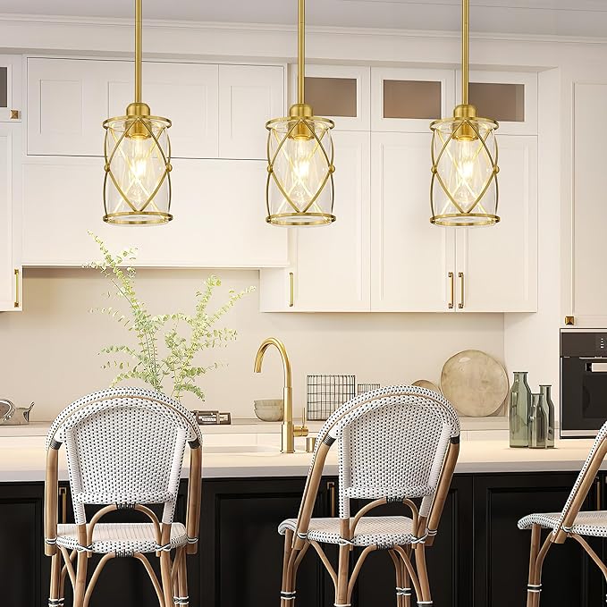 Brushed Gold Pendant Lights Kitchen Island 3 Pack, Glass Kitchen Pendant Lighting Over Island with Rod, Modern Mini Hanging Light for Kitchen Sink Dining Room, CH9176BG-3PK