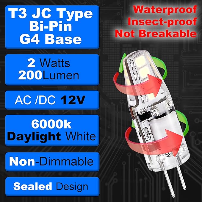 G4 LED Bulb RV Camper Replacement 2W Equivalent 10W-20W T3 Halogen AC/DC 12V 6000K Daylight White G4 JC Type Bi-Pin Base Bulb for Boat Trailer Under Cabinet Light Landscape Stair Lighting,10 Pack