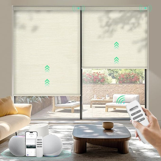 HeyBlinds Motorized Roller Shades, Smart Blinds for Windows, Remote Automatic Window Shades, Electric Shades, Light Filtering, Compatible with Alexa Google Apple Home (Summer Haze-Cream LF)