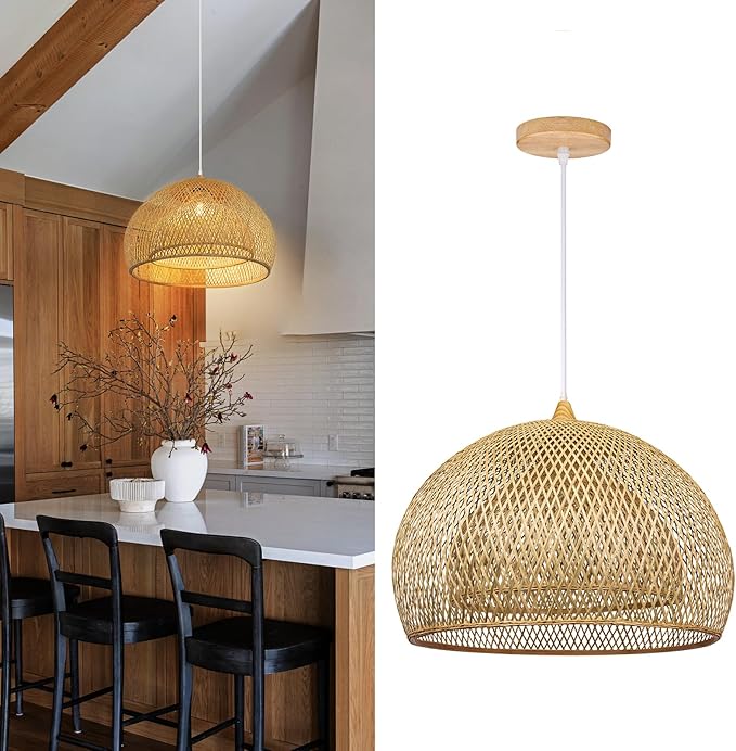 Arturesthome Bamboo Pendant Light for Kitchen Island, 17.6" Wicker Chandelier Lighting, Handmade Woven Hanging Ceiling Light Lampshade for Living Room Bedroom