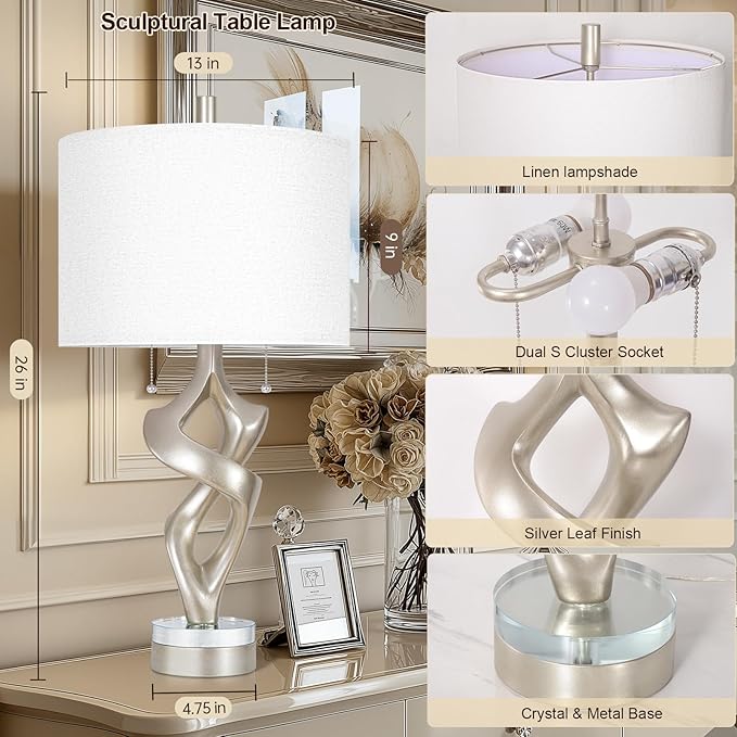 Scenekoy Sculptural Resin Table Lamp Set of 2 with USB Ports for Bedroom Living Room, 26” Antique Silver Leaf Dual Pull Chains Bedside Lamps, Nightstand Lamp for Home Room Decor (Bulbs Included)