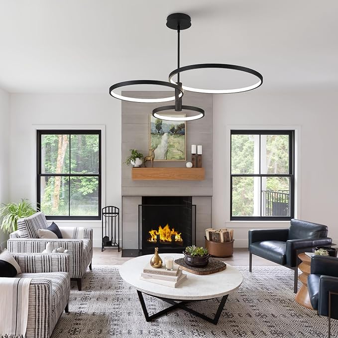 Modern LED Chandelier, 3-Ring Black Chandeliers for Dining Room Contemporary Flush Mount Chandelier Light Pendant Light Fixture for Kitchen Island Closet Living Room Bedroom