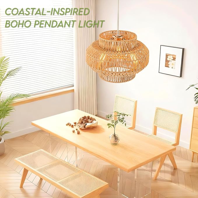 17.7'' Rattan Pendant Light,3-Light Boho Chandelier,Dinning Lighting Fixture Hand Woven Shade Boho Hanging Light Wicker Chandelier for Bedroom Kitchen Island Farmhouse Living Room Light Fixture