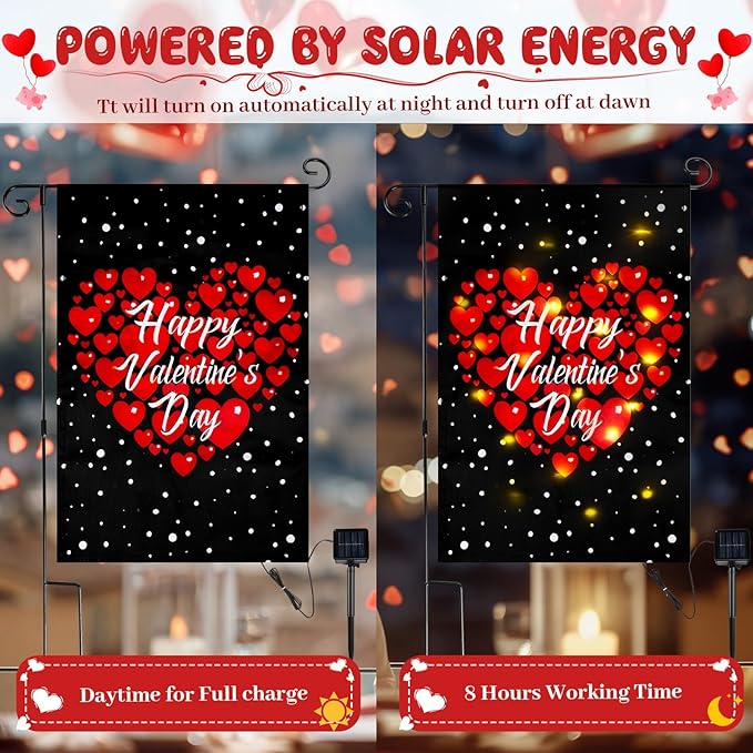 VIHOSE Valentine Garden Flag, 12 x 18 Inch Double Sided Solar Powered LED Heart Flag with Lighting 8 Modes Happy Valentine Red Love Heart Yard Flags Outdoor Banner for Valentine's Day Decorations
