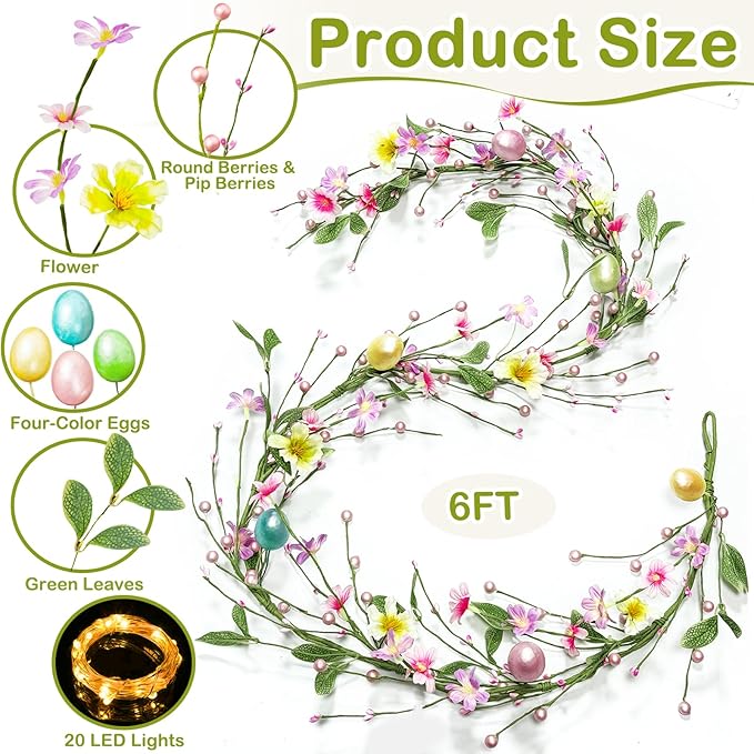 6 Ft Lighted Easter Garland Easter Decorations, Easter Egg Garland with 20 LED Lights Timer Flowers Berried Green Leaves Artificial Spring Garlands Battery Operated for Home Table Mantle Holiday Decor