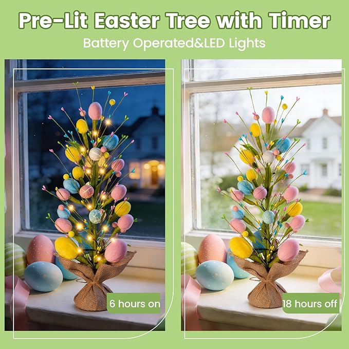 Easter Decorations Pre-Lit Easter Egg Tree with Timer Battery Operated,18inch Lighted Easter Tree Tabletop Decor with Eggs,LED Lights,Artificial Trees for Home Party Mantel Indoor Bedroom Spring