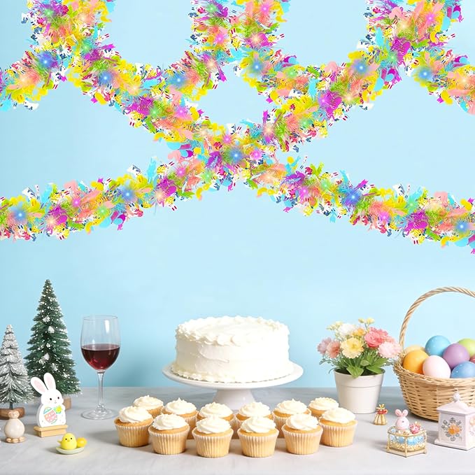 33ft Easter Tinsel Garland with Lights, Colorful Bunny Egg Chick Tinsel Spring Decor, Hanging Easter Decorations for Home Indoor Outdoor Mantle Tree