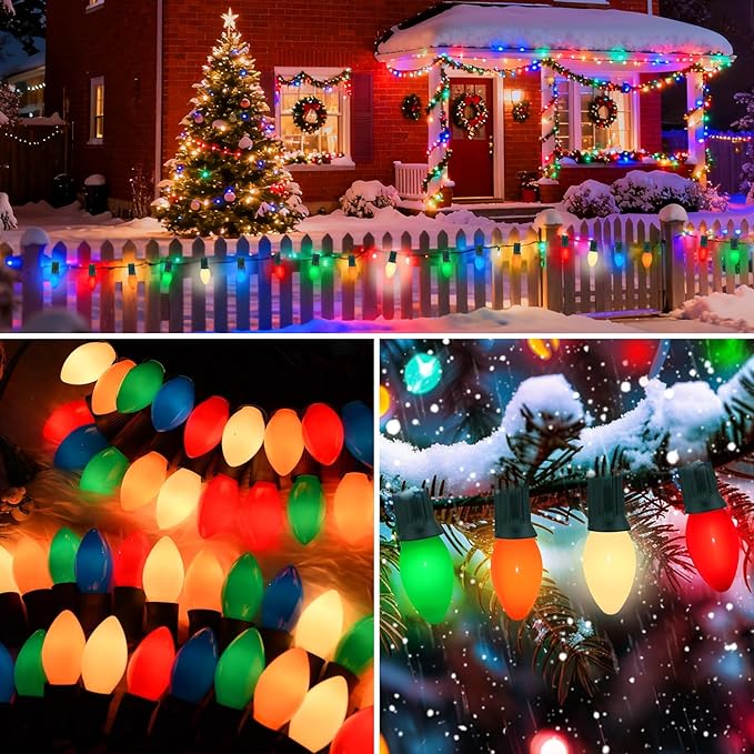Christmas Decorations - 50 Feet C7 Vintage Christmas Lights Multicolor Christmas Tree Lights Outdoor Christmas String Lights with 50+5 Pack Bulbs for Christmas Tree Home Patio Yard Decor, E12 Base