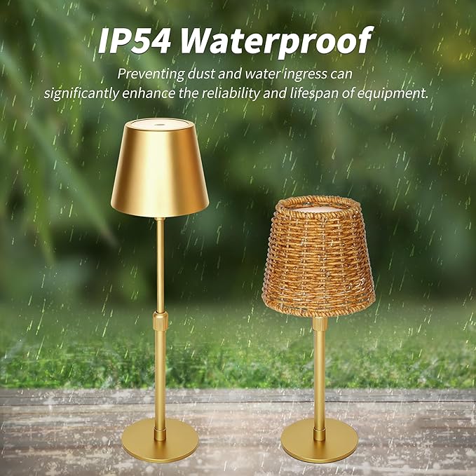 Mr.White Outdoor Waterproof Rechargeable Cordless Table Lamp with Telescopic Pole & Wicker Shade, 5200mAh Battery Operated Table Light with Touch Control, for Patio Restaurant Kitchen (Gold)