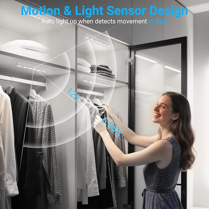 maylit 4 Pack Closet Lights Motion Sensored, Battery Operated Light Indoor, Wireless Magnetic Night LED Bar, Stick on Lighting for Stair, Shelf, Hallway, Bed, Pantry, Under Cabinet, 6000K Cool White