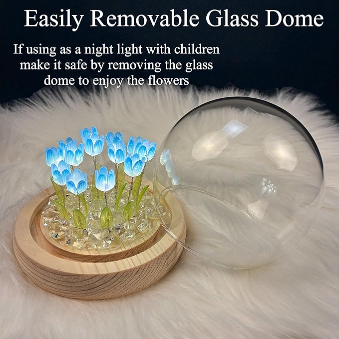 Tulip Lamp Glass Globe - Illuminated Flower Lamp with Glowing Blooms on Wooden Base - Battery-Powered Decorative Night Light for Bedroom, Living Room & Home Decor