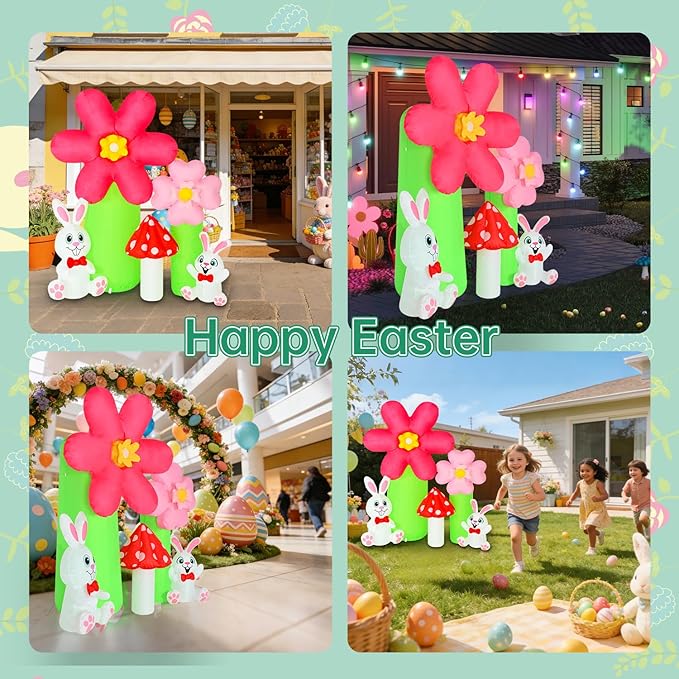 6FT Easter Inflatable Outdoor Decorations, Lighted Bunny Blow Up Yard Decoration with Built-in LED Lights, Spring Flower Mushroom Inflatable Outdoor for Lawn Garden Easter Decor (Spring Inflatable)