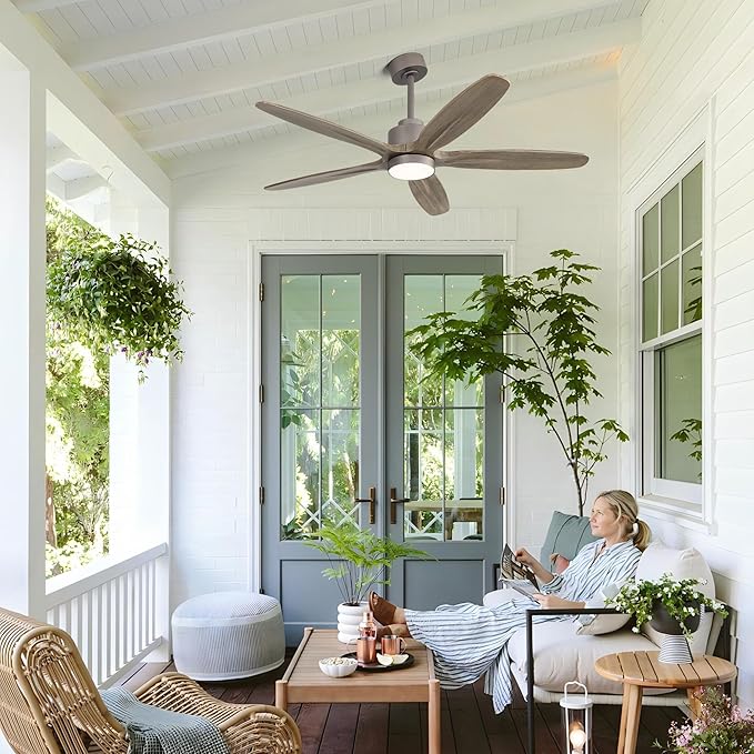 WINGBO 54" Ceiling Fan with Light - 5 Carved Solid Wood Blades, 6-Speed Reversible DC Motor, Dimmable, 3CCT, Noiseless Remote Control Ceiling Fans with Lights for Bedroom Living Room, Charcoal Gray