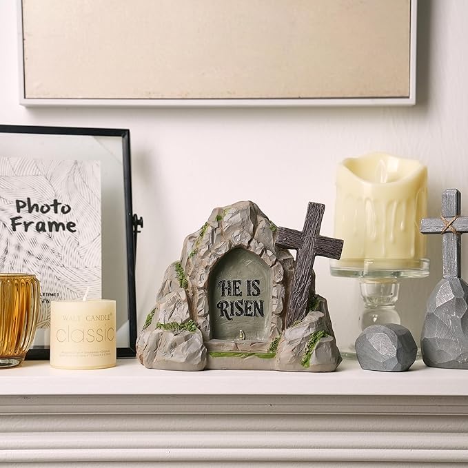 Empty Tomb Easter Decor with LED Lighting, Battery Powered Resurrection Scene for Christian Decoration, Resin HE is Risen Religious Display with Timer, Home Office Tabletop Tray, Shelf Decor