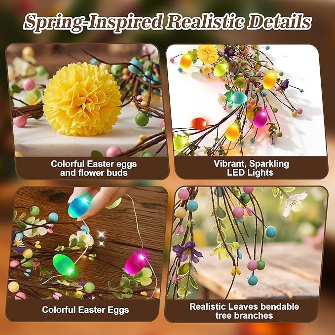 Enhon 6ft Easter Garland with Light, 20 LED Easter Egg Decoration, Spring Decorative for Mantle, Table Centerpieces, Stair Railing, Doorway, Windowsills, Front Door Décor & Party